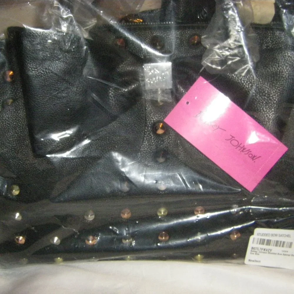 Betsey Johnson Studded Bow Satchel Bag Black Bow Studs + Keychain BB18265 NEW - Picture 8 of 14